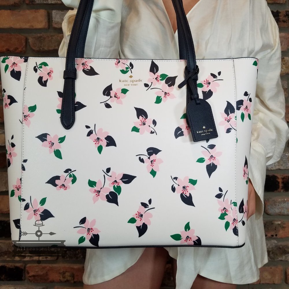 AUTHENTIC Kate Spade Schuyler Medium Leather TOTE  Bag Cream Multi Lily Blooms